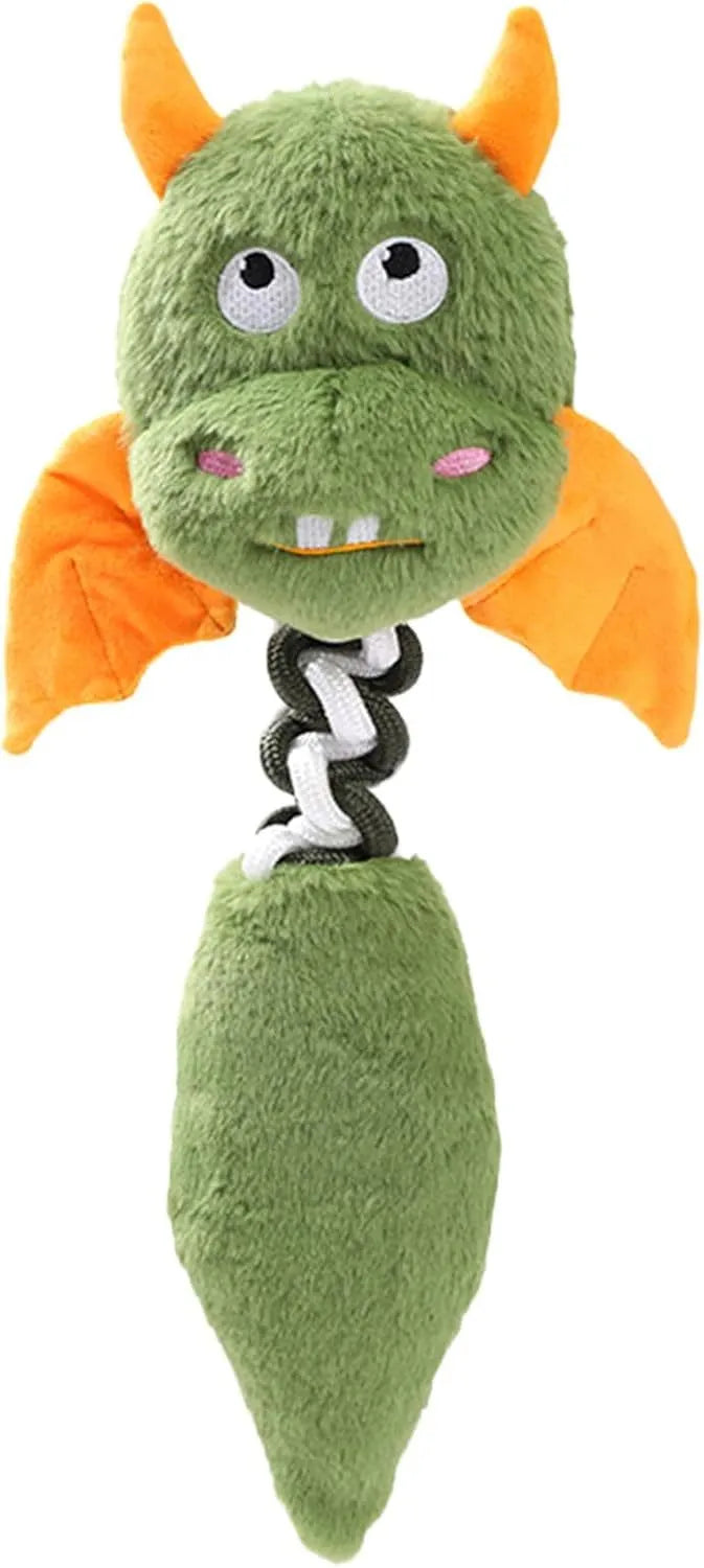 Large black plush dog toy with cartoon design, a rope knot, and a squeaker for chew play.