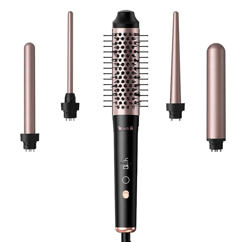 Automatic large wave hair curler in rose gold with three black headbands on a white background