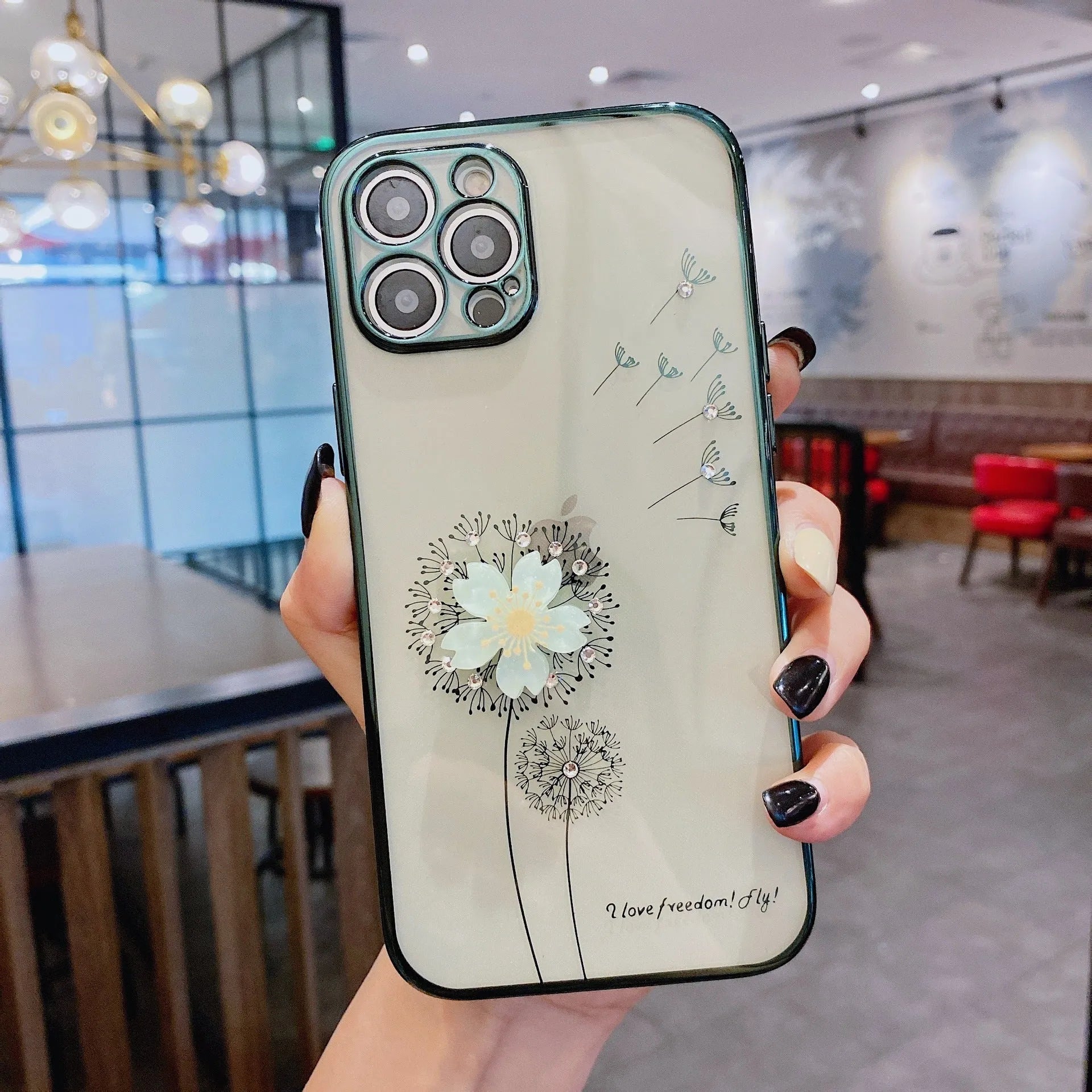 Green 3D flower design phone case with spin stand for iPhone, showing built-in screen protector.