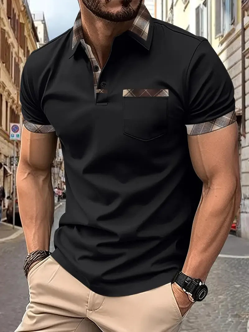 Men's plaid colourblock t-shirt with zipper decorations in loose fit for summer casual wear