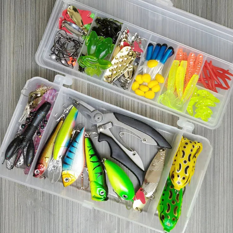 142-piece fishing lure set showing hard minnow lures with sequins, various baits, and fishing pliers in tackle box