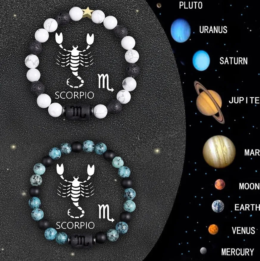 Set of twelve natural stone beaded bracelets, each with a zodiac sign charm, on a white background.