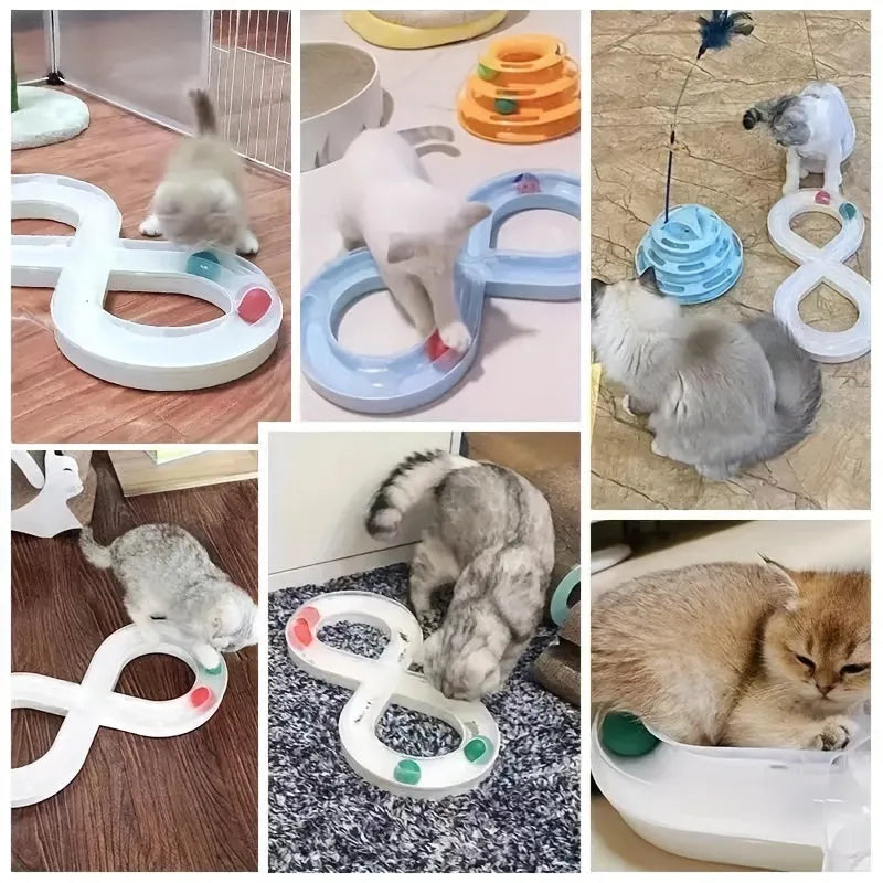 Blue and white cat turntable toy with ball track and teasing stick on wooden floor