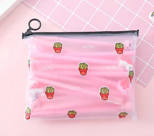 Marvel plastic pen case open showing twenty cartoon cactus design 0.5mm black pens inside.