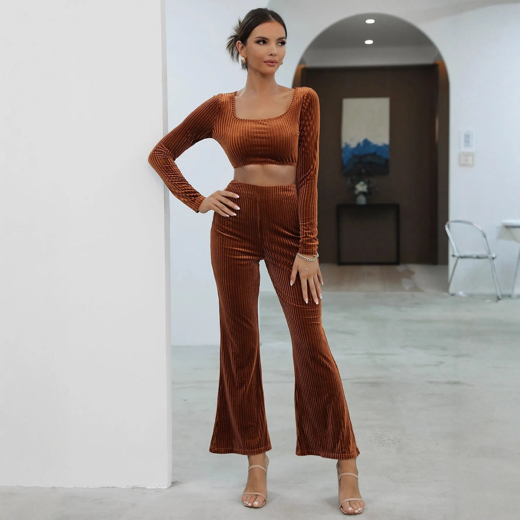 Caramel coloured long sleeve sweater and matching trousers casual set