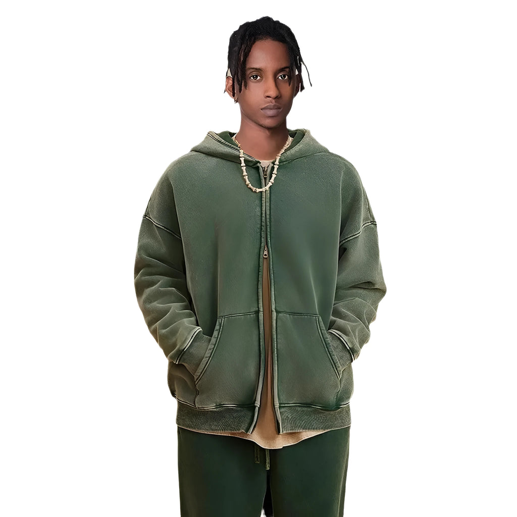 Men's vintage-style hooded cardigan sweater with a double zipper and fleece lining in a washed dark green colour.
