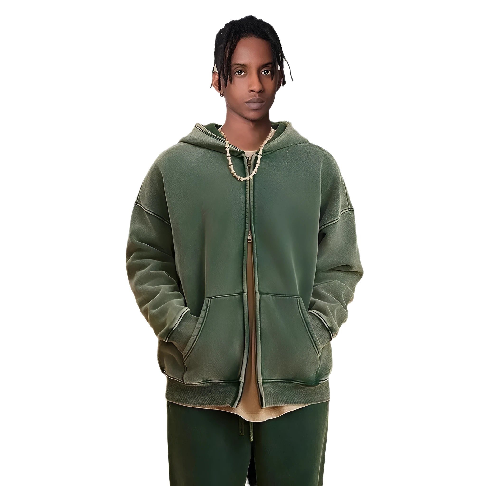 Men's vintage-style hooded cardigan sweater with a double zipper and fleece lining in a washed dark green colour.