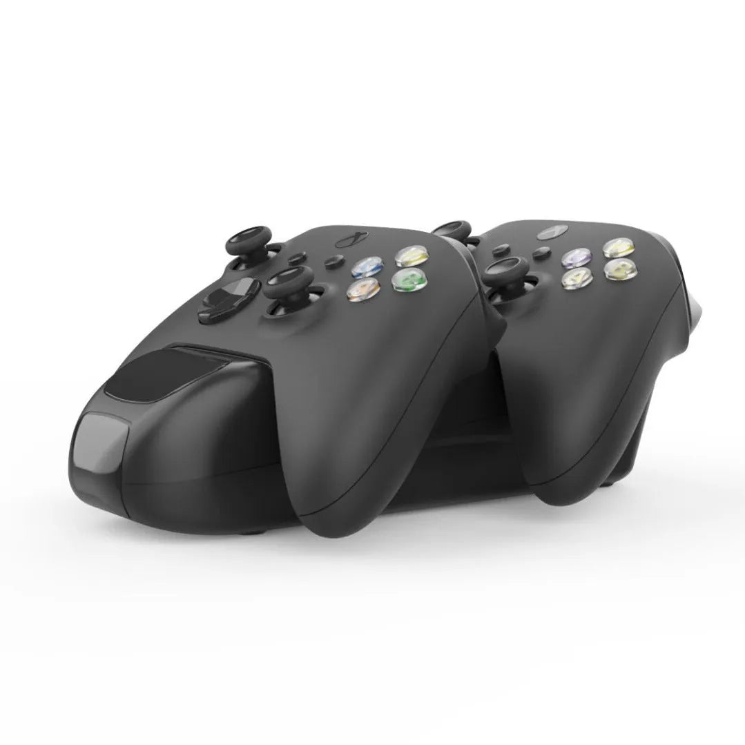 Black wireless charging dock for two Xbox Series X controllers with LED lights