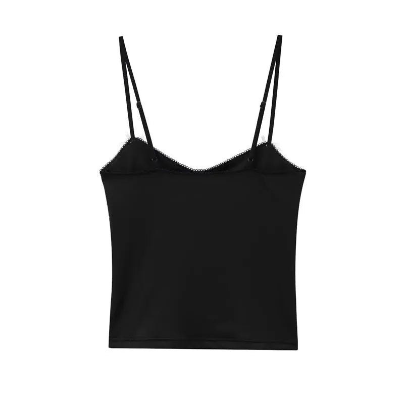 Women's slim-fit black knitted halter vest with spaghetti straps geometric pattern