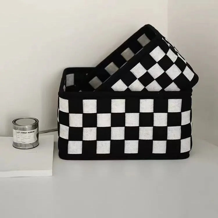 Grey checkerboard woven felt storage box with folded sides, showing 37cm length and 19.5cm height.
