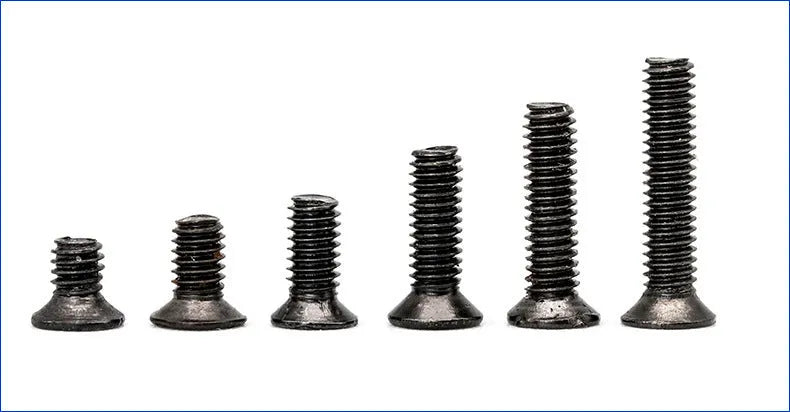Black countersunk head laptop screws with cross groove, showing diameter and length scale.