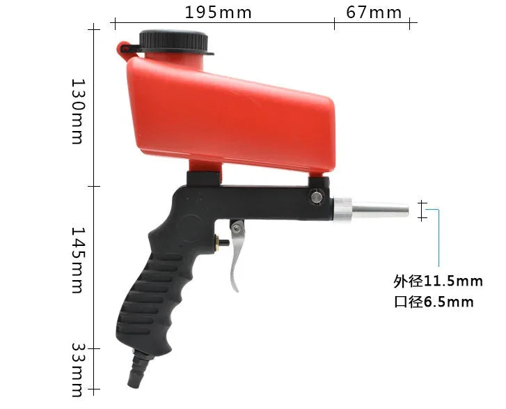 Portable black gravity-feed pneumatic sandblasting gun with a sand tank and trigger.