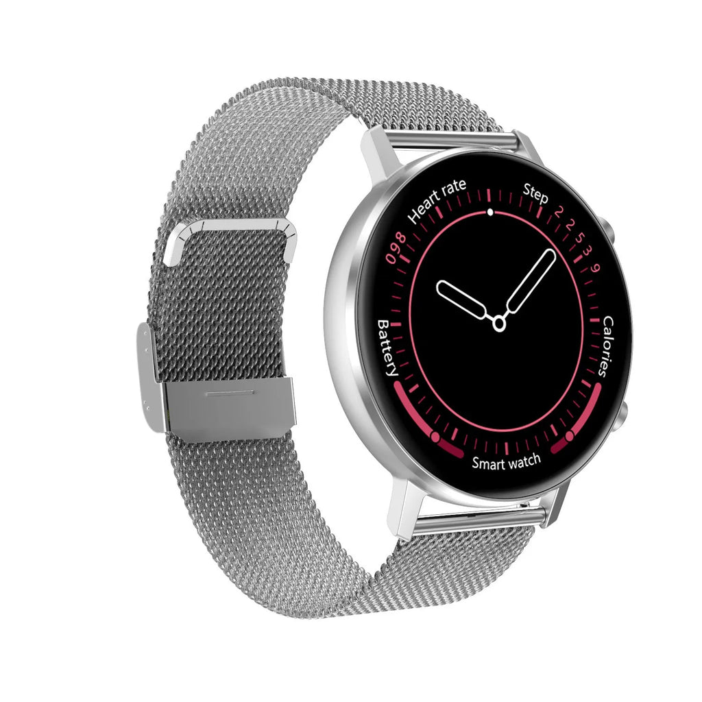 DT96 smart bracelet with steel strap showing 1.3 inch display on wrist