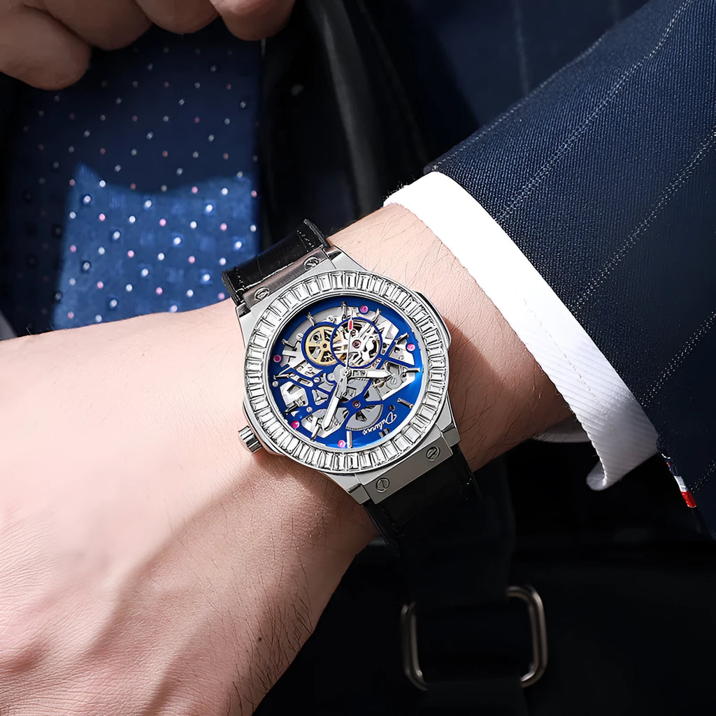 Automatic mechanical men's watch with hollow movement and diamond studding on white shell case
