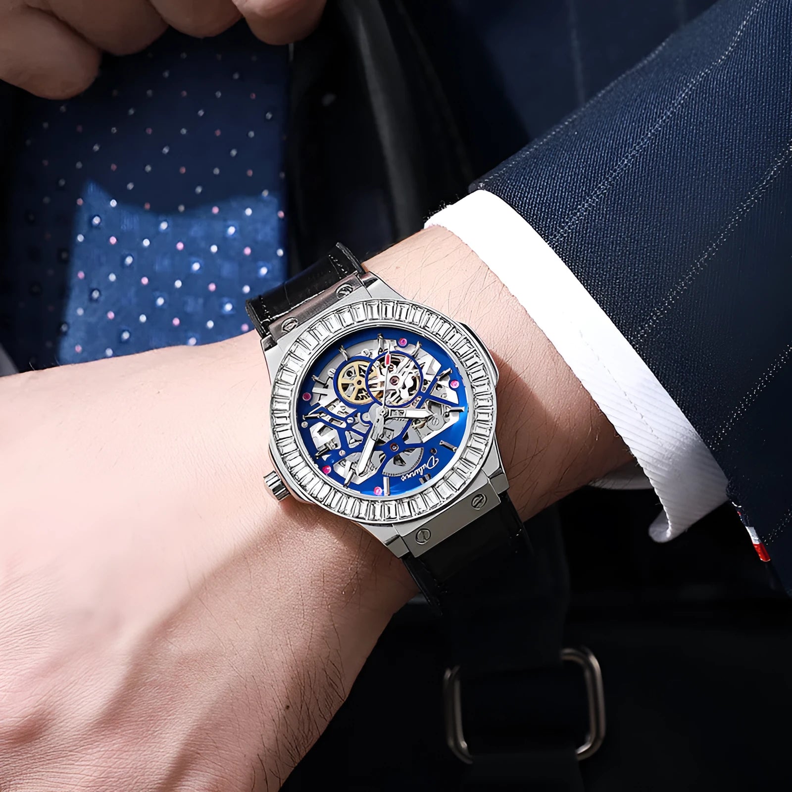 Automatic mechanical men's watch with hollow movement and diamond studding on white shell case