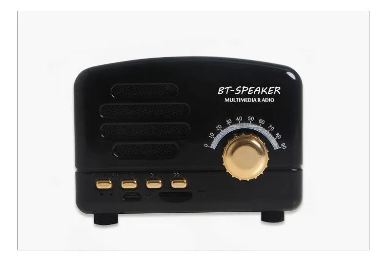 Vintage wood Bluetooth speaker in pink, black, and wood grain colours showing compact 93mm design