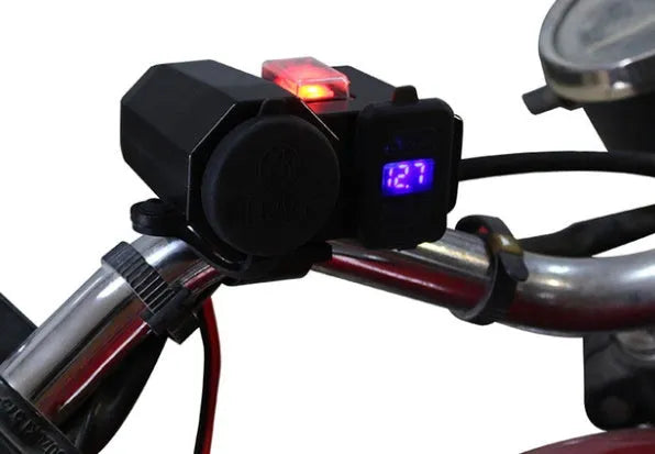 Black dual USB waterproof motorcycle charger with voltmeter mounted on handlebar