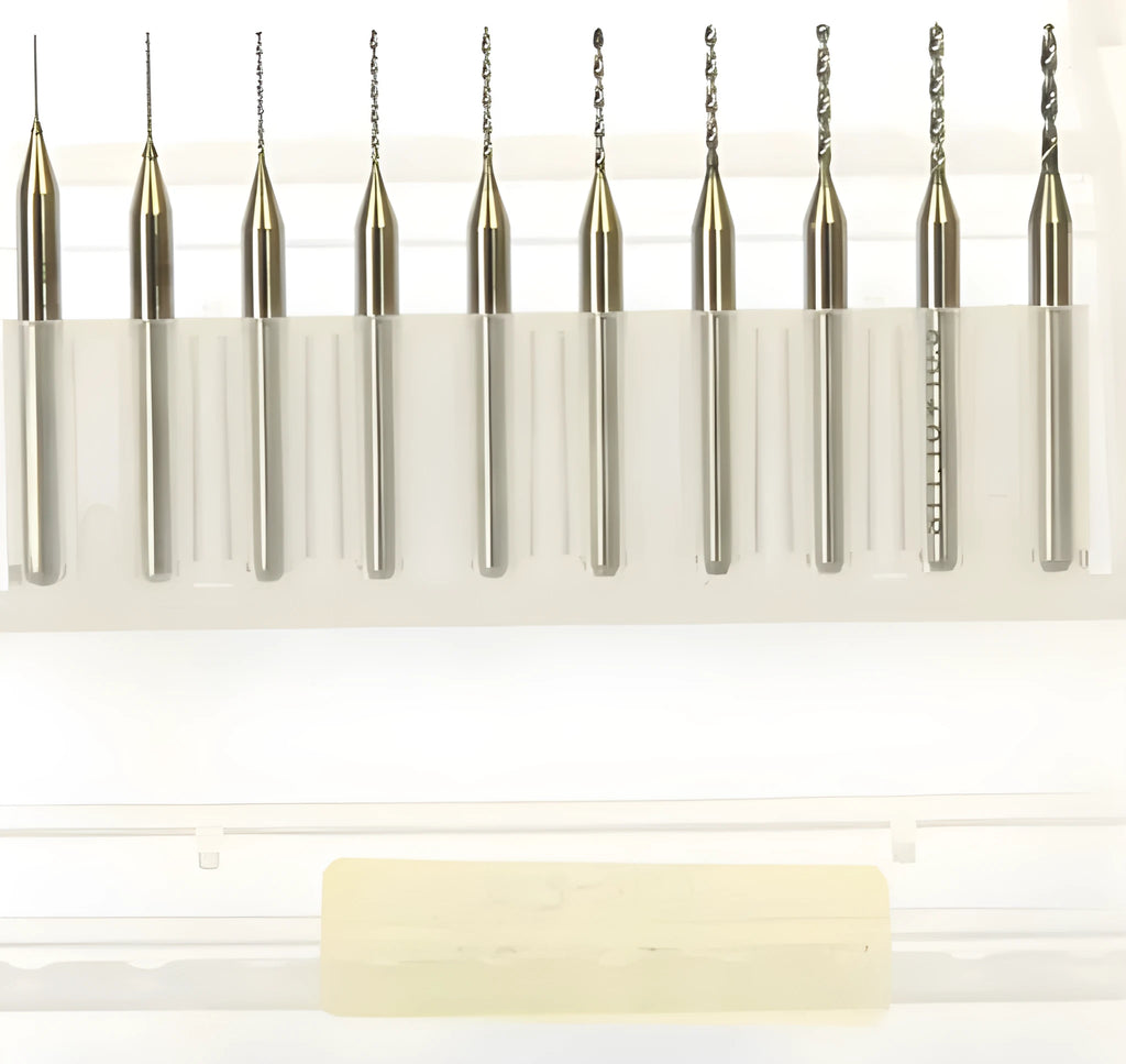 Set of imported tungsten steel micro-engraving bits in various sizes from 0.10mm to 2.00mm diameter.