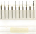 Set of imported tungsten steel micro-engraving bits in various sizes from 0.10mm to 2.00mm diameter.