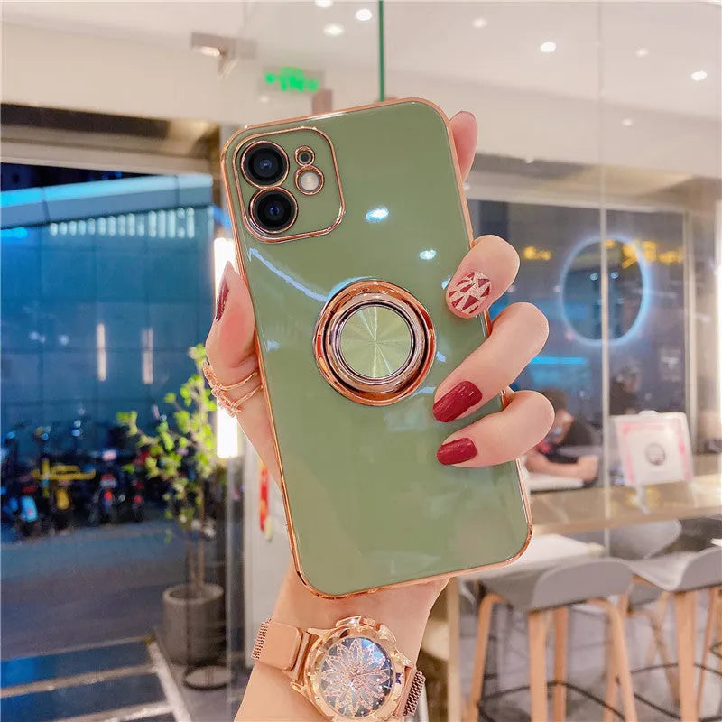 Solid colour TPU silicone back cover case for iPhone on a table, showing milk tea and dark green colour options.