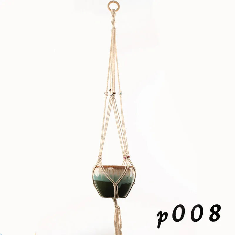 Woven wire plant hanger with cotton rope and jute twine in multiple style configurations