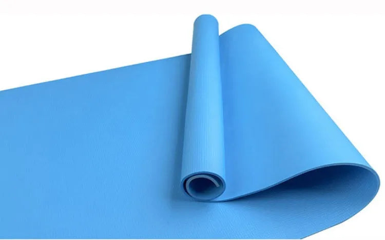 EVA yoga mat in red showing rolled and flat positions, demonstrating 4mm and 6mm thickness options.