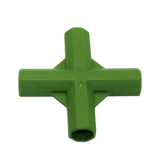 Two plastic plant support connectors with three-way and four-way joints for garden stake pillars