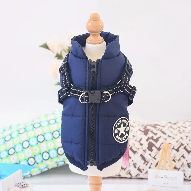 Waterproof dog coat with integrated harness in rain silk fabric, available in multiple sizes and colours