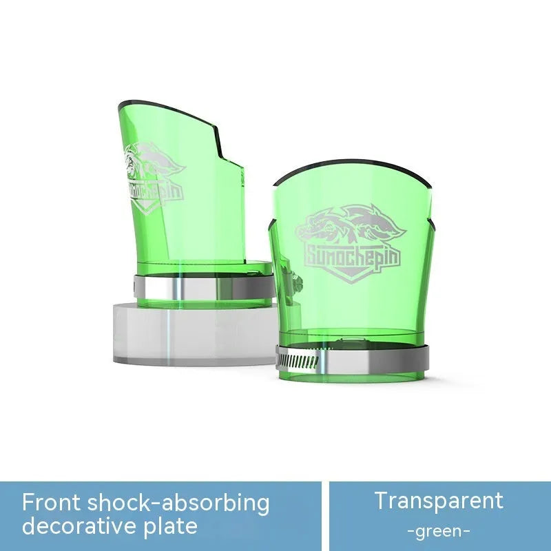 Transparent motorcycle front shock absorber protective sleeve with stainless steel clamp, shown in multiple colour options.