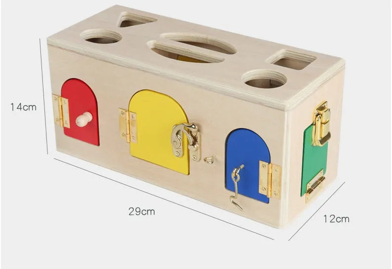 Wooden educational shape lock box preschool toy with 12 matching pieces