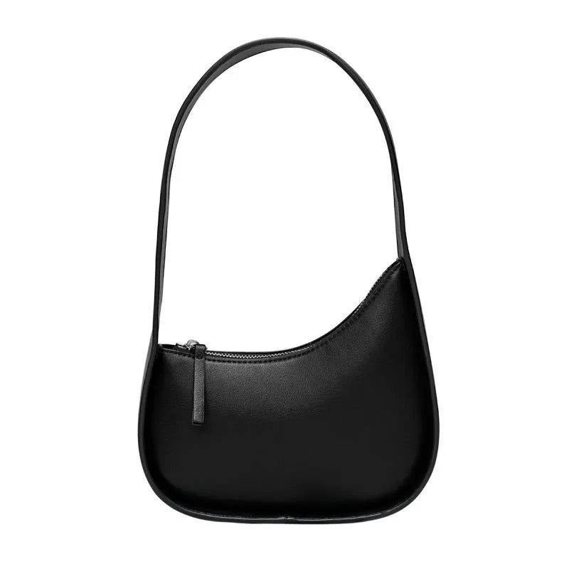 Genuine leather half moon ladies shoulder bag with wide strap and zipper closure in small size