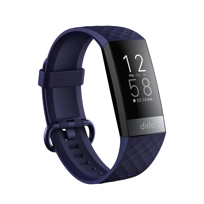Black smart health bracelet with 1.1-inch display showing blood pressure and heart rate monitoring data