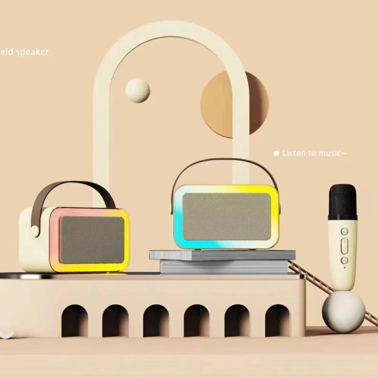 Portable Bluetooth speaker with microphone and coloured LED lights in pink, sky blue, or white.