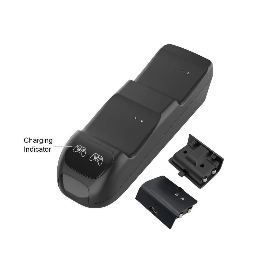 Black wireless charging dock for two Xbox Series X controllers with LED lights
