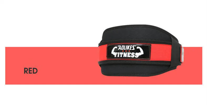 Nylon fitness weightlifting waistband belt in black, red, or yellow, shown in sizes L, M, and XL.