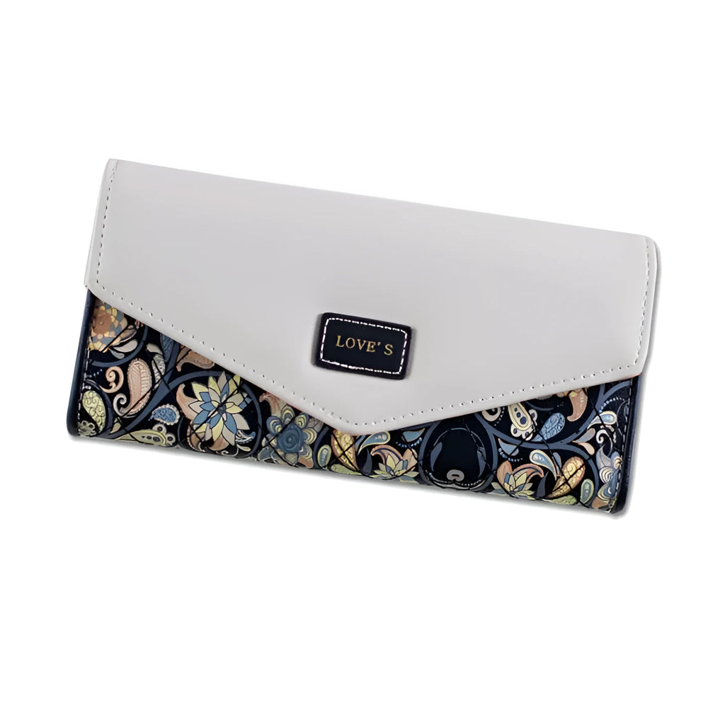 Open trifold women's wallet showing card slots and buckle closure in one of five colours.