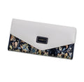 Open trifold women's wallet showing card slots and buckle closure in one of five colours.
