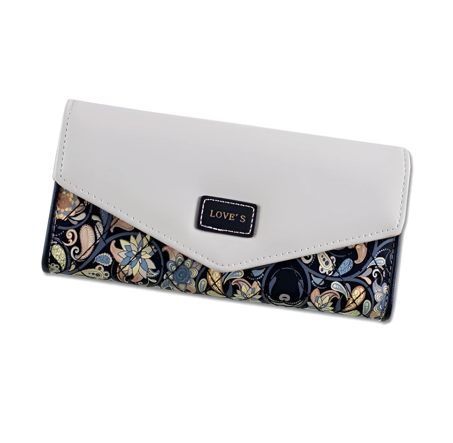 Open trifold women's wallet showing card slots and buckle closure in one of five colours.