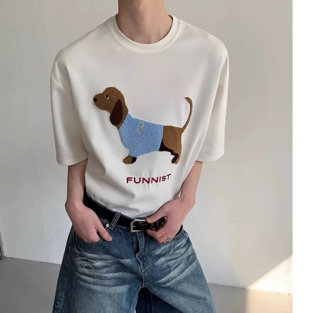 Gray men's T-shirt with an embroidered textured sausage dog design on the front.