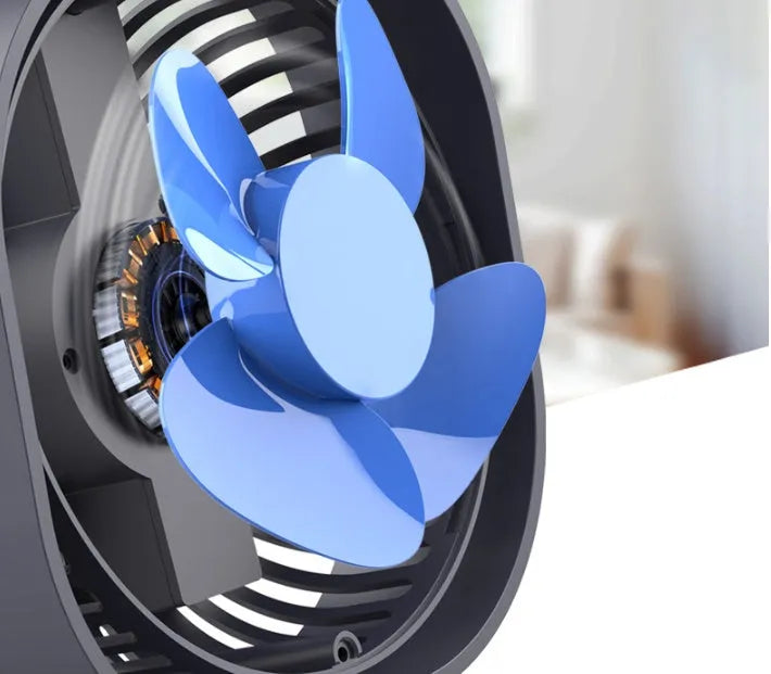 USB desk fan with alarm clock showing 360-degree rotation and rotary switch in blue colour