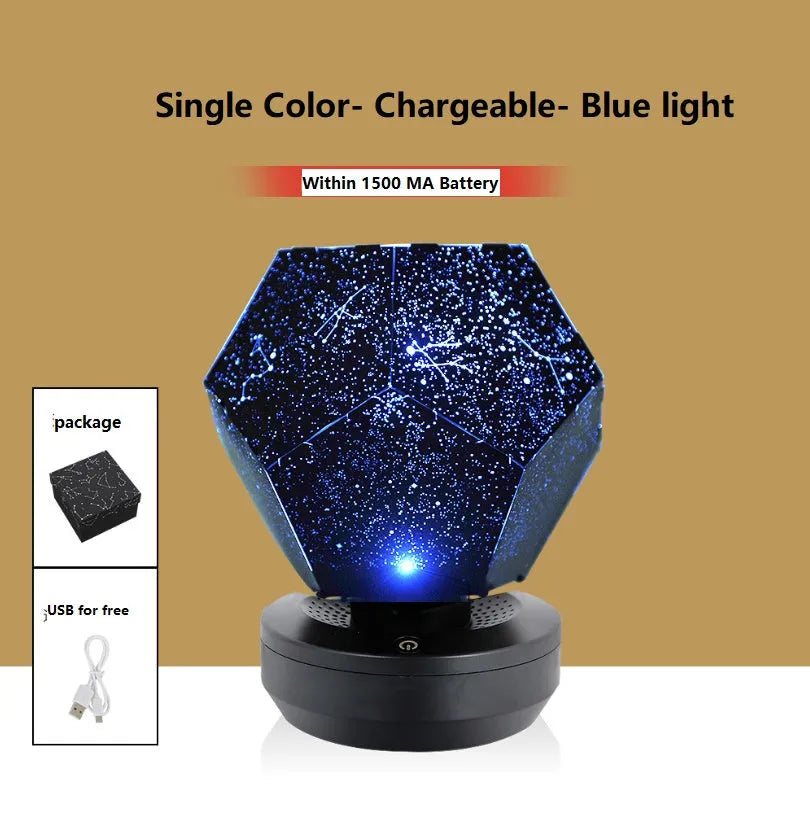 LED star projector showing 3D constellation projection on bedroom ceiling with remote control