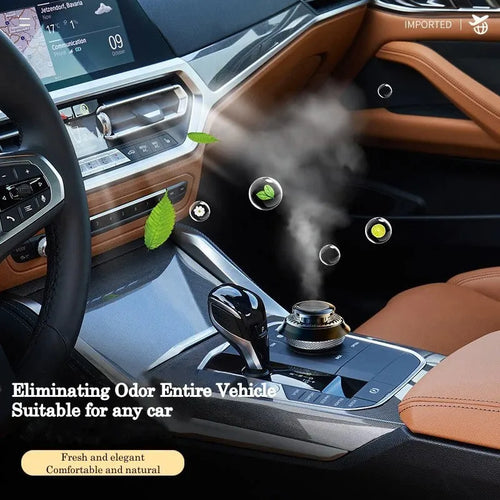 Solar powered kinetic car air freshener with rotating double rings on vehicle dashboard