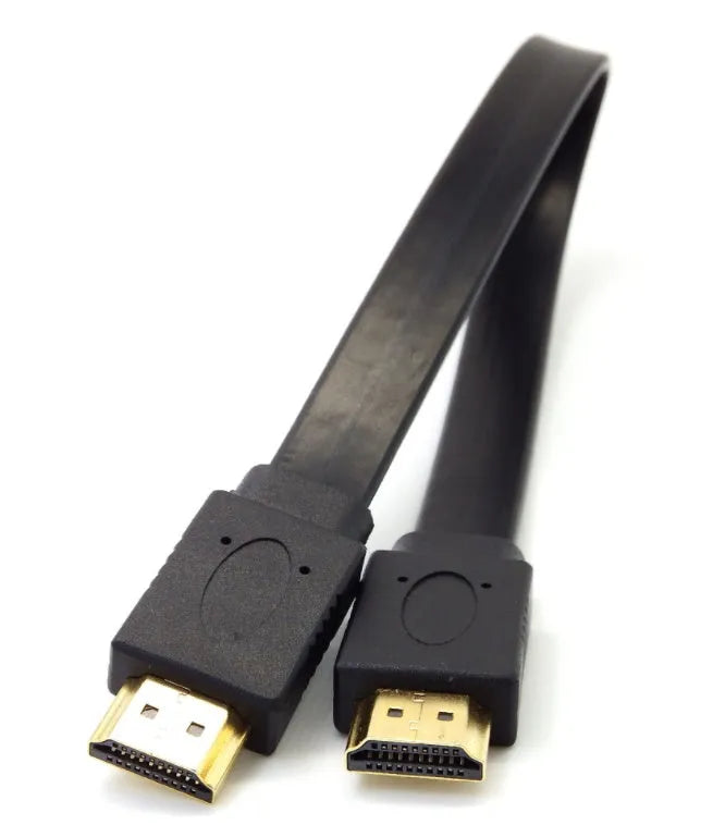 Flat black HDMI cable with male connectors shown alongside length options from 0.3m to 10m