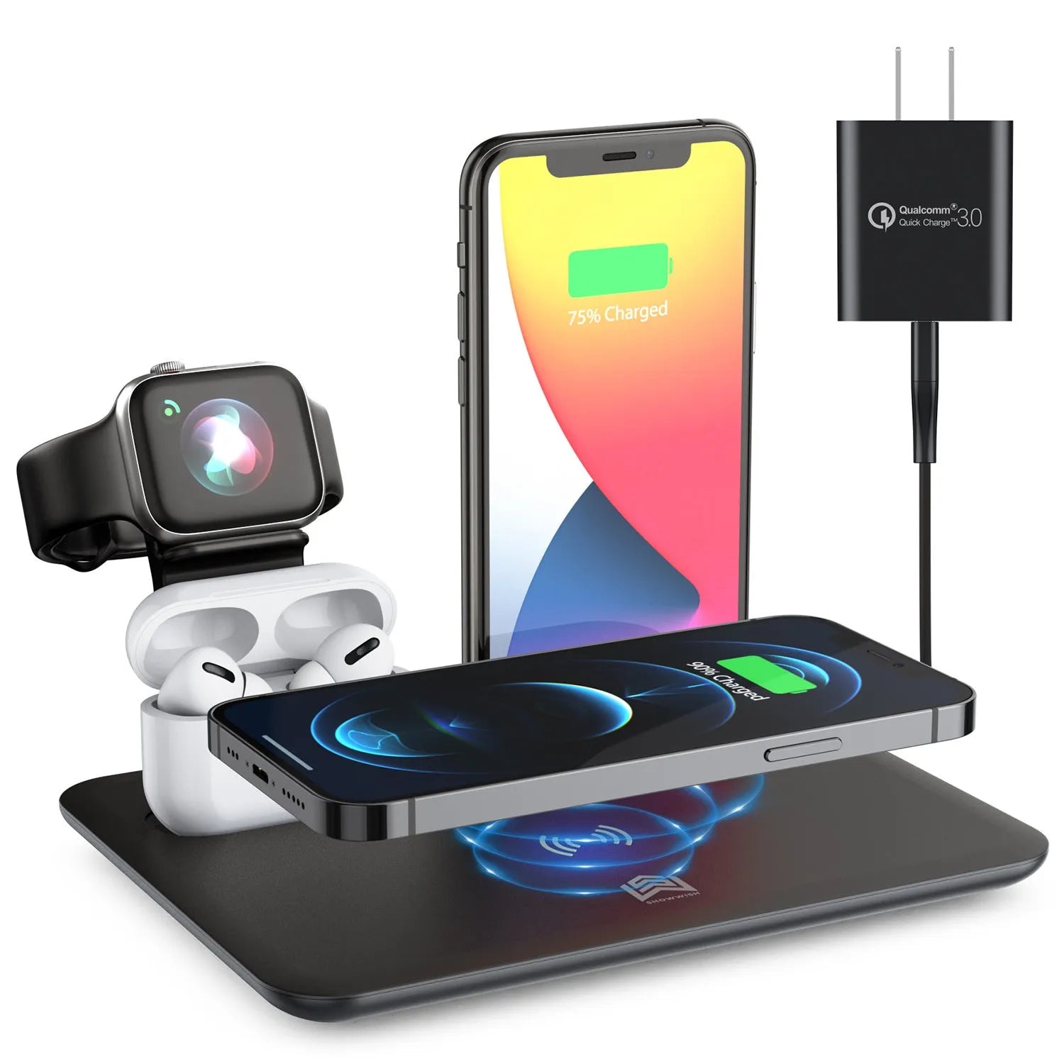 Black wireless charging desktop station with phone bracket, headphone dock and watch charging port