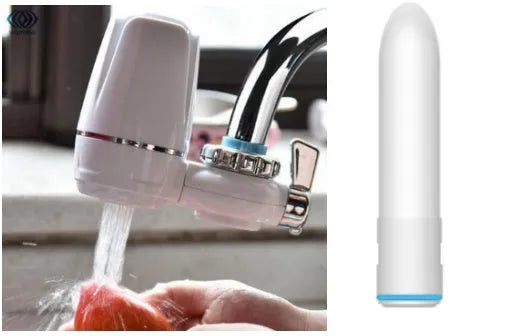 White plastic kitchen tap water filter with ceramic cartridge and installation adapters