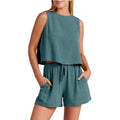 Women's two-piece summer set with sleeveless top and drawstring shorts in rayon linen blend available in multiple colours