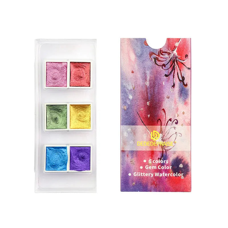 Box of solid watercolour pigment cakes in gem, pearl, or starlight colours for painting and nail art.