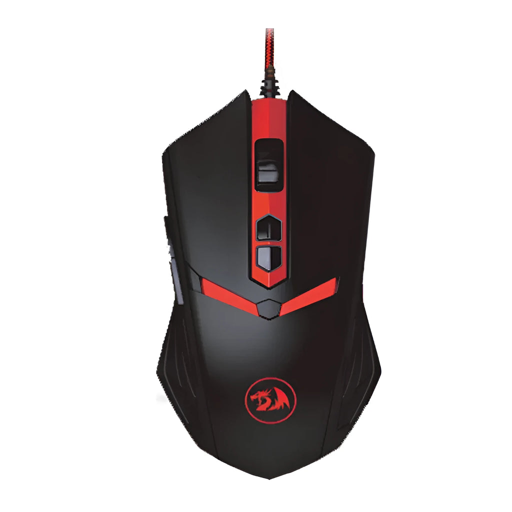 Black and red wired USB gaming mouse with six buttons and scroll wheel on a desk.
