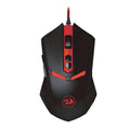 Black and red wired USB gaming mouse with six buttons and scroll wheel on a desk.