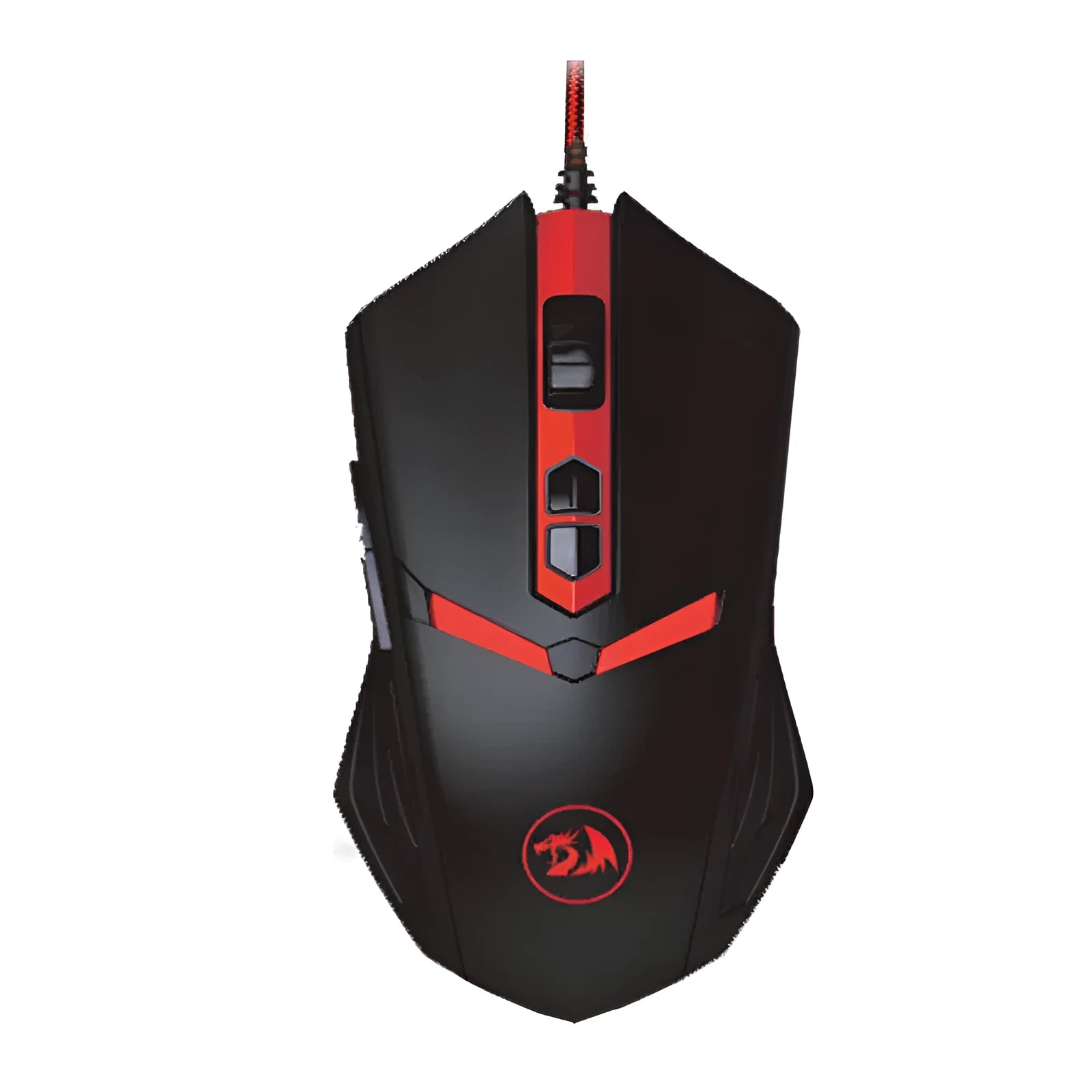 Black and red wired USB gaming mouse with six buttons and scroll wheel on a desk.